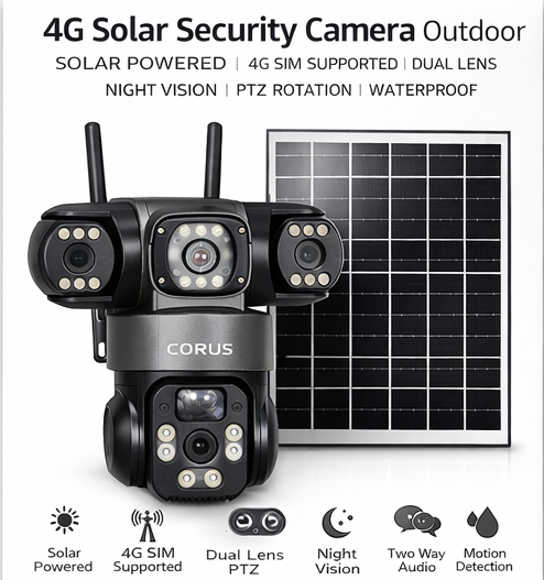 CORUS 3MP Solar Security Camera Outdoor | Dual Lens 360° PTZ | 4G SIM Supported | Motion Detection | Two Way Audio | Cloud Storage | Ready to Use Set