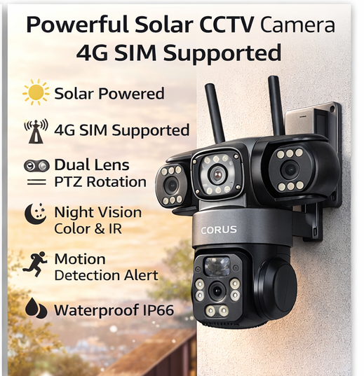 CORUS 3MP Solar Security Camera Outdoor | Dual Lens 360° PTZ | 4G SIM Supported | Motion Detection | Two Way Audio | Cloud Storage | Ready to Use Set