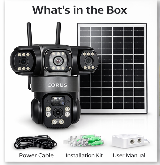 CORUS 3MP Solar Security Camera Outdoor | Dual Lens 360° PTZ | 4G SIM Supported | Motion Detection | Two Way Audio | Cloud Storage | Ready to Use Set