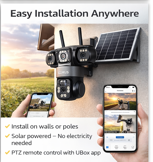CORUS 3MP Solar Security Camera Outdoor | Dual Lens 360° PTZ | 4G SIM Supported | Motion Detection | Two Way Audio | Cloud Storage | Ready to Use Set