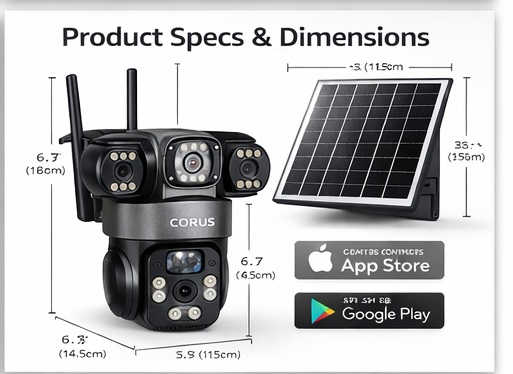 CORUS 3MP Solar Security Camera Outdoor | Dual Lens 360° PTZ | 4G SIM Supported | Motion Detection | Two Way Audio | Cloud Storage | Ready to Use Set