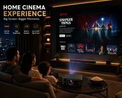 A home cinema setup with a family watching a large projected Netflix movie screen in a dark living room. A projector sits on a coffee table nearby, and the screen shows Stranger Things and Netflix content.