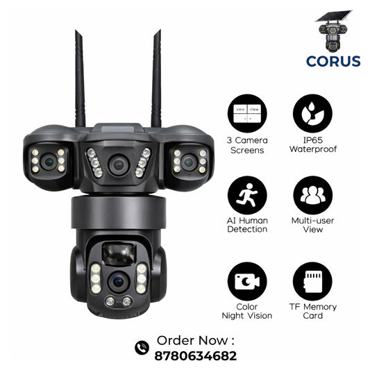 Multicamera security system with antennas and CORUS branding on a white background