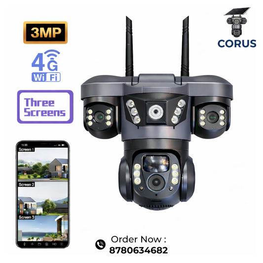 Corus Solar 4G Smart Security Camera 3 Lens 360° Outdoor | SIM Supported | Night Vision | No Wiring