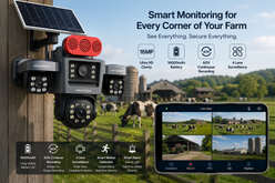 Conagrid smart outdoor farm security camera system shown mounted on a wooden fence, with a solar panel, multiple cameras, and a smartphone screen displaying live farm footage. Text highlights features like smart monitoring, 16MP clarity, 16000mAh battery, and continuous recording.