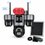 CorusDigital wireless security camera kit with a central black camera, two side cameras, a red speaker, two black antennas, a solar panel, mounting hardware, and a labeled network antenna callout on a white background.