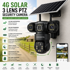Solar-powered security camera system with 4G connectivity and multiple features on a promotional graphic.