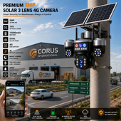 Solar-powered security camera system with smartphone app interface in front of a building with 'Corus' branding.