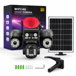 WiFi/4G smart camera with solar panel and accessories on a white background