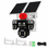 A solar-powered security camera kit on a white background, featuring a black and silver camera with two solar panels mounted on white brackets, a red speaker, two white mounting brackets, screws, and a black power cable.