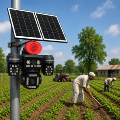 A CorusDigital solar-powered security camera system mounted on a metal pole in a farm field, with two farmers working in the background under a blue sky.