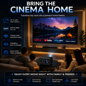 The CorusDigital Smart Home Projector (Black Box model) is placed neatly on a center table, projecting toward the wall.