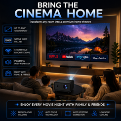 The CorusDigital Smart Home Projector (Black Box model) is placed neatly on a center table, projecting toward the wall.