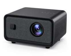A modern black portable projector with a textured fabric front grille, a large central lens, and a small side sensor, shown on a clean white background.