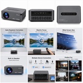 A 3x3 promotional collage showing a small XQIR3 portable projector from multiple angles, including front, back, and top views, along with feature callouts such as auto Keystone Correction, Electric Focus, Wide Screen Size, Built-in Speaker, Multiple Device Connection, and Perfect For use in home cinema, gaming, office, and outdoor settings.