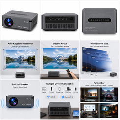 A 3x3 promotional collage showing a small XQIR3 portable projector from multiple angles, including front, back, and top views, along with feature callouts such as auto Keystone Correction, Electric Focus, Wide Screen Size, Built-in Speaker, Multiple Device Connection, and Perfect For use in home cinema, gaming, office, and outdoor settings.